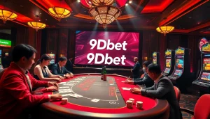 Players enjoying games at a stylish 9Dbet casino, featuring poker chips and interactive interfaces.