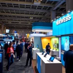 Engaging trade show displays highlighting vibrant designs and booth layouts to attract visitors.