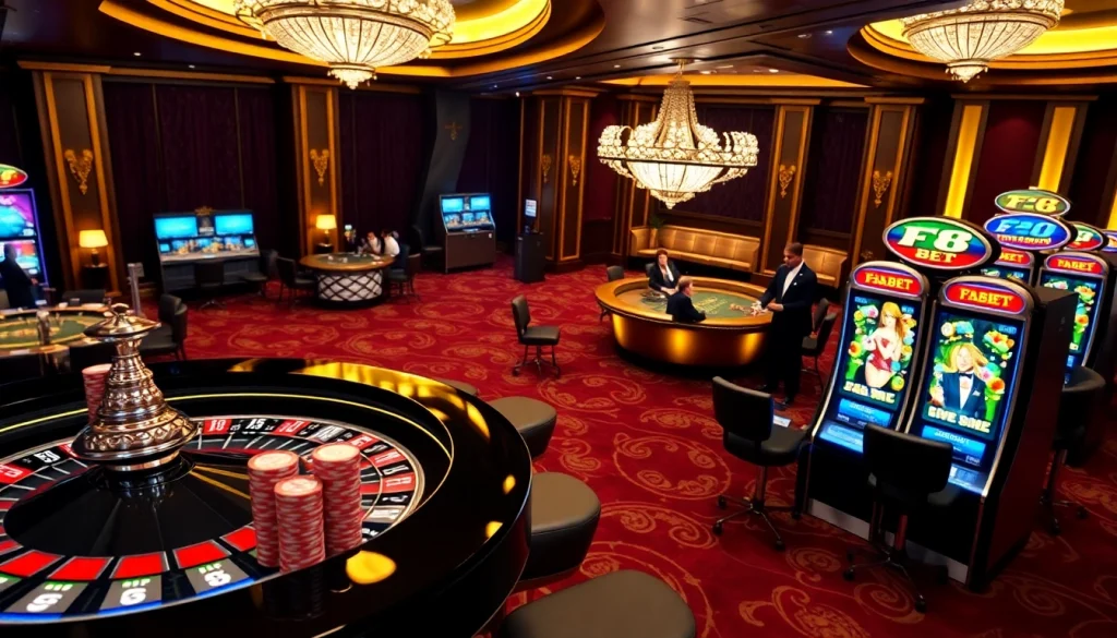 Exciting gambling scene at F8 BET featuring roulette and poker tables.