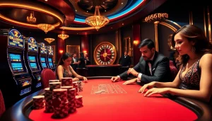 Experience the thrill of winning with the 6666bet App at a luxurious casino with vibrant gaming tables and slot machines.