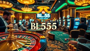 Engage at the vibrant BL555 casino scene with players at roulette and poker tables.