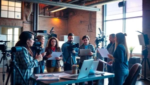 Collaborative video production Company Calgary team creating dynamic film content in a modern studio.