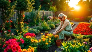 Gardening passion shown through vibrant flowers and vegetables in a serene backyard.