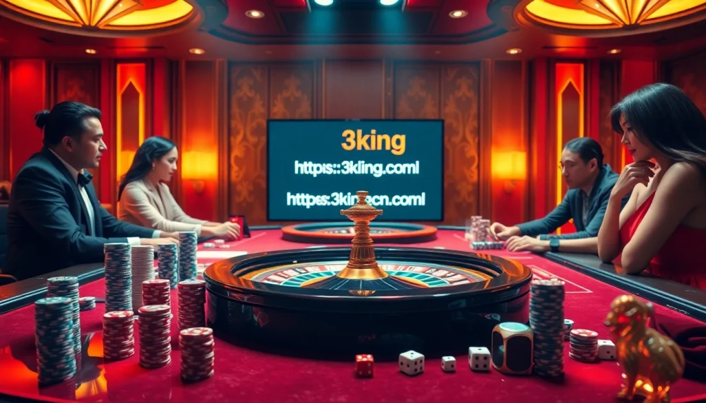 Experience high-stakes gaming at https://3king.cn.com/ with vibrant casino elements like roulette, chips, and excited players.