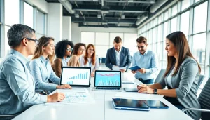 Engaging business team collaborating in a bright office space, showcasing teamwork.
