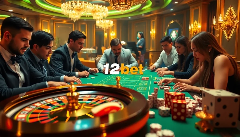 Immersive portrayal of a luxurious casino featuring 12bet elements, showcasing gamblers engaged in thrilling games.