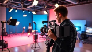 Showcasing Video Production Company Phoenix with a filmmaker setting up high-quality equipment in a vibrant studio.