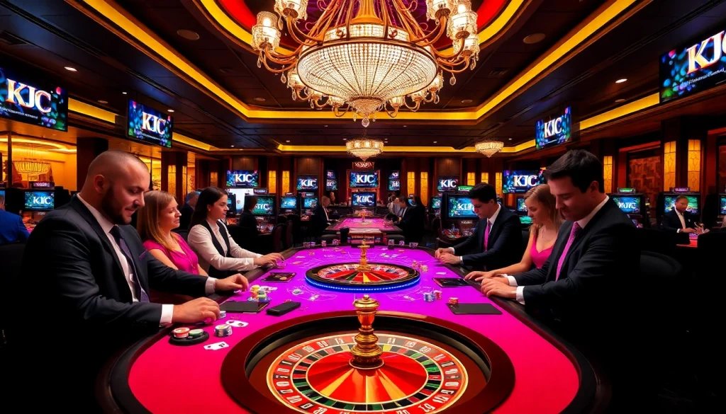 A lively casino table scene featuring KJC branding and players engaged in poker action.