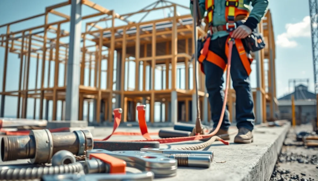 Fallskyddssele och säkerhetslina i användning av arbetare på byggarbetsplats.