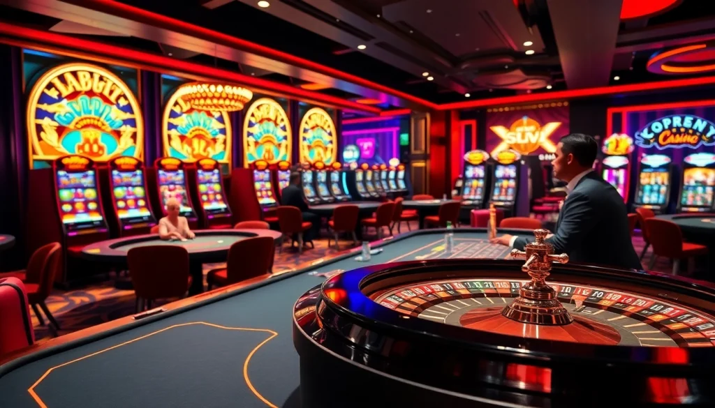 An engaging scene at S88VIP casino showcasing players at tables and vibrant slot machines.