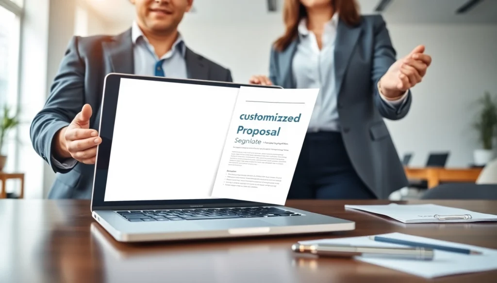 Engaging customized proposal writing in a professional business setting with a confident consultant.