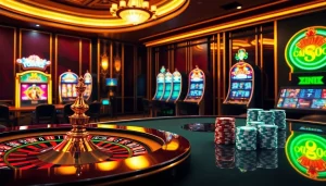 Experience the excitement of uu88 with a vibrant casino scene featuring roulette and poker elements.