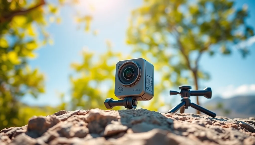Capture stunning moments with the Insta 360 Go 3 action camera set against a vibrant outdoor background.