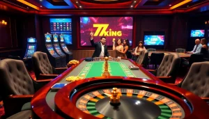Engaging poker players at 79king.com with vibrant slot machines in a luxurious casino setting.