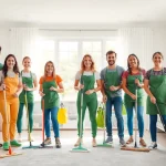 Cleaning service professionals working together in a spotless home environment.