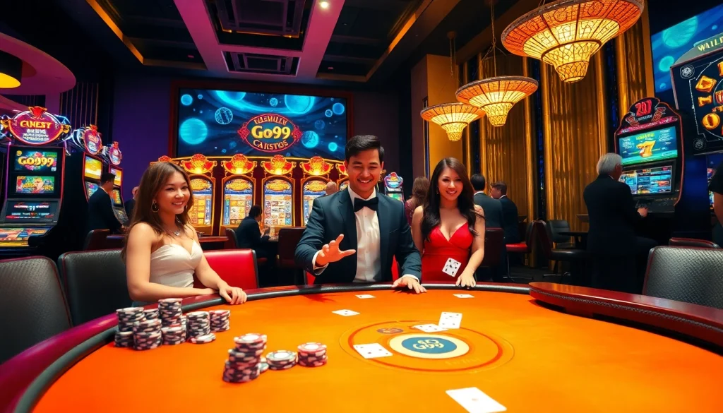 Engage in thrilling poker at Go99's luxurious casino setup featuring professional dealers and vibrant gameplay.