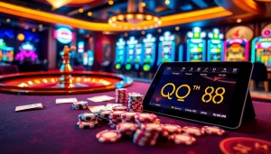 Experience exciting gameplay at Trang Chủ QQ88 with vibrant casino tables and colorful slot machines.