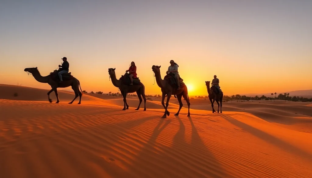 Camel ride Marrakech at sunset, showcasing riders on camels against golden desert dunes.