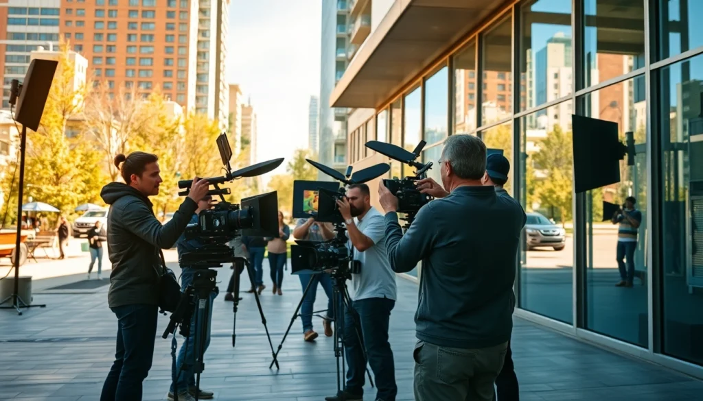 Video Production Company Calgary crew filming in vibrant urban setting capturing creative visuals.