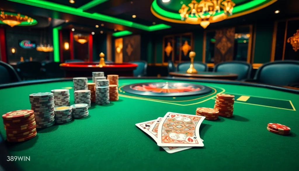 Players engaging in an exciting poker game featuring 389WIN chips and vibrant casino elements.