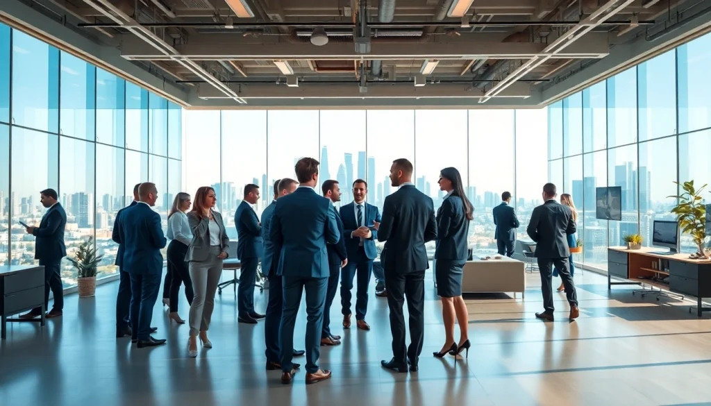 Showcasing a professional real estate team collaborating in a modern office environment.