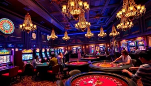 Experience thrilling games at Bl555's luxurious casino atmosphere with vibrant tables and engaged players.