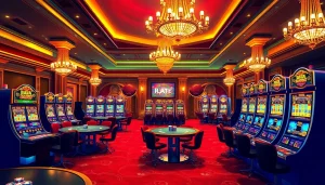 Experience the thrill of raja barong at vibrant slot machines in a luxurious casino setting.