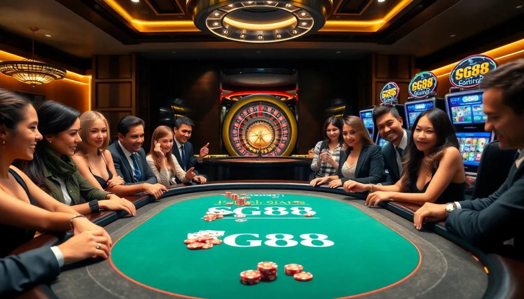 Players enjoying a thrilling game at the GG88 poker table in a luxurious casino.