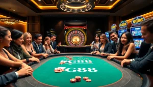 Players enjoying a thrilling game at the GG88 poker table in a luxurious casino.