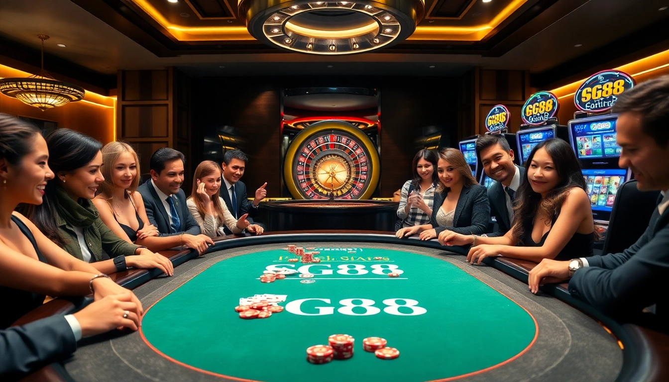 Players enjoying a thrilling game at the GG88 poker table in a luxurious casino.