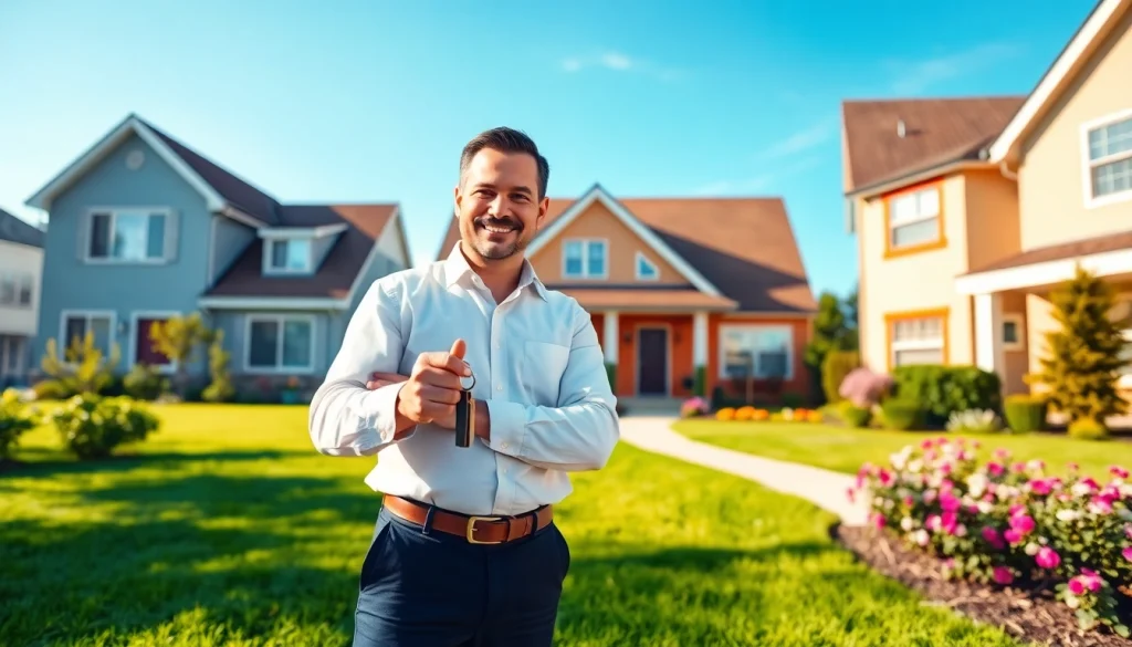 Showcase of Real Estate home with a real estate agent in a vibrant neighborhood.