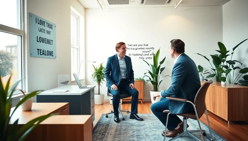 Business coach near me engaging with a client in a bright office setting to inspire success.