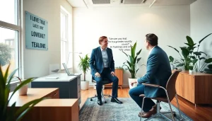 Business coach near me engaging with a client in a bright office setting to inspire success.