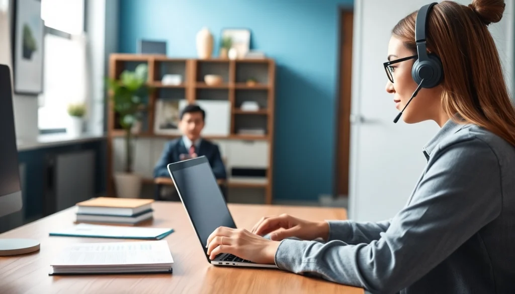 On-demand interpretation in a modern office setting with a professional interpreter using video call technology.