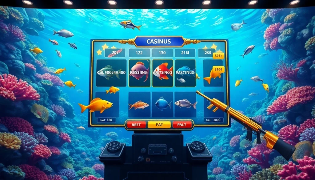bắn cá đổi thưởng gaming interface with colorful sea creatures and virtual weapons showcasing excitement and strategy
