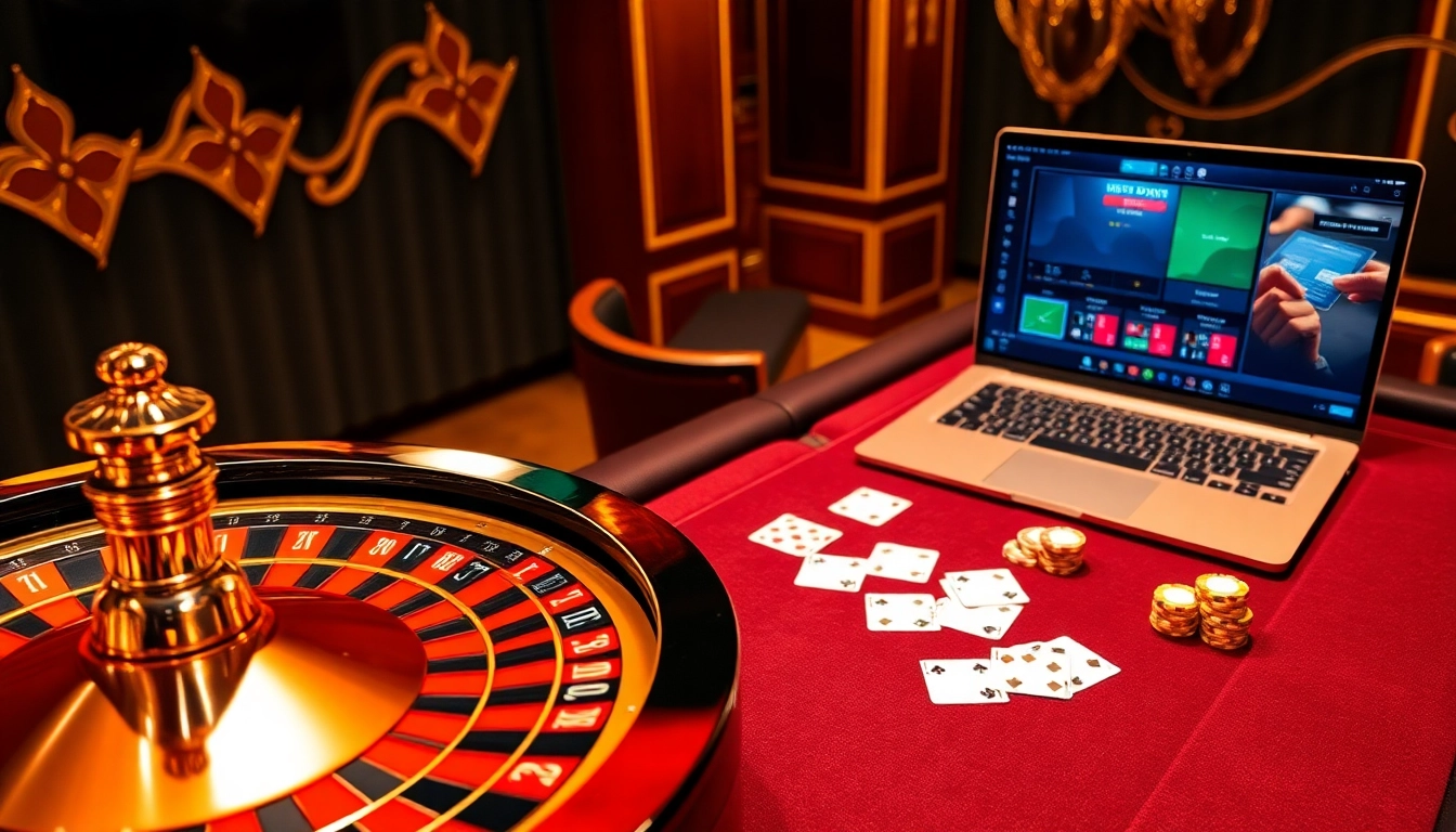 A captivating casino scene with a roulette wheel, poker table, and online interface featuring XX88.AI.