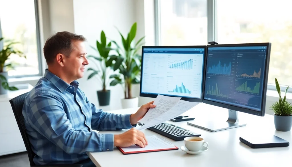 Professional accountant analyzing SMSF financial documents in a modern office