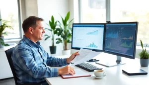 Professional accountant analyzing SMSF financial documents in a modern office