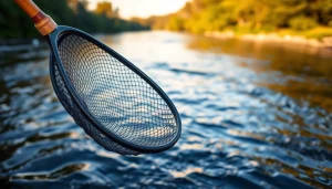 Fly fishing net showcased in a serene river setting, emphasizing craftsmanship and design.