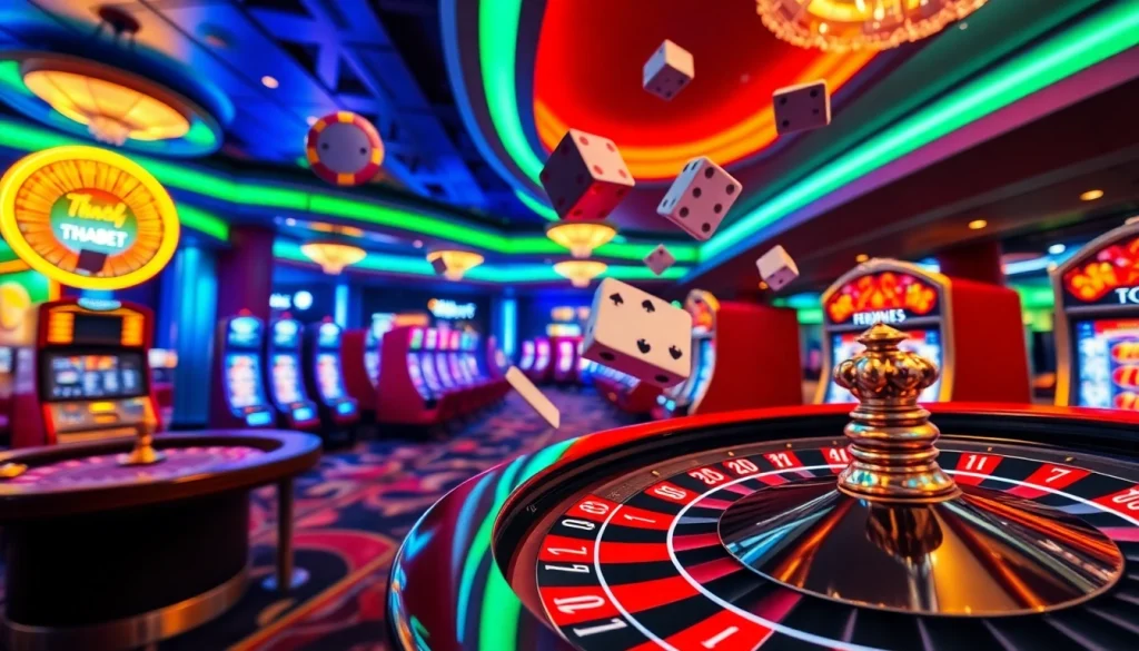 Experience Thabet's thrilling online gambling atmosphere with vibrant casino elements.