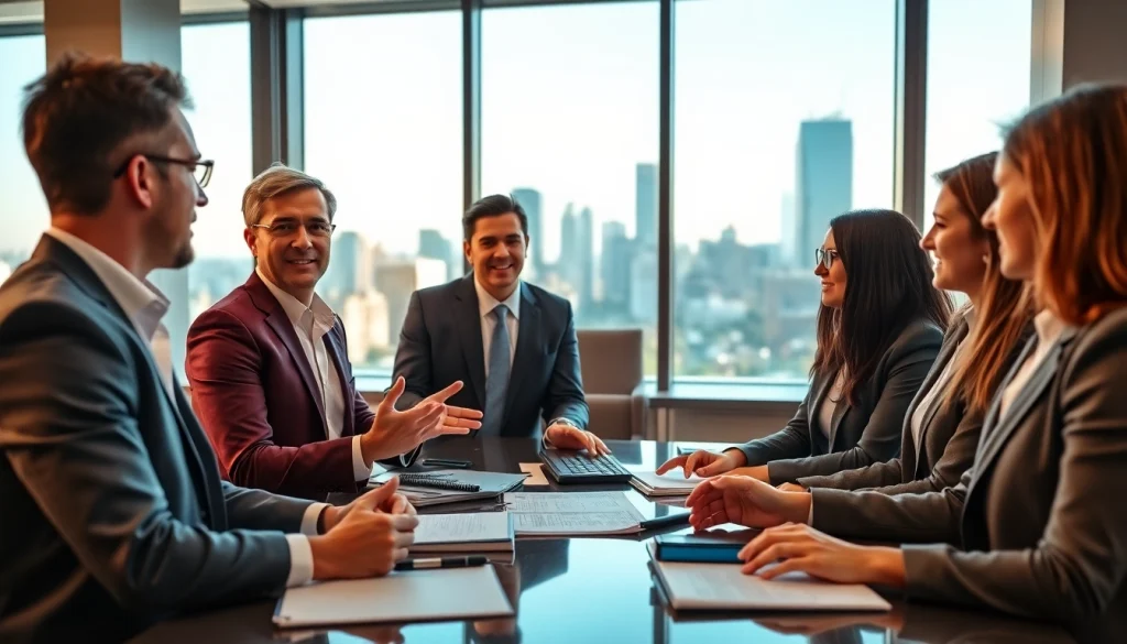 Engaged real estate agents discuss strategies in a modern office setting