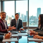 Engaged real estate agents discuss strategies in a modern office setting