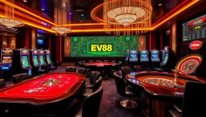 Experience the thrilling atmosphere at EV88 Casino with luxurious gaming tables and vibrant slot machines.