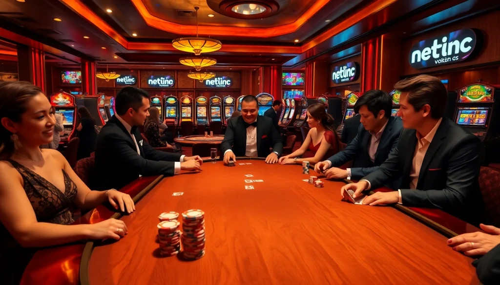 Engage with netwin's thrilling poker action surrounded by vibrant chip towers and players celebrating victories.