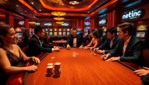 Engage with netwin's thrilling poker action surrounded by vibrant chip towers and players celebrating victories.
