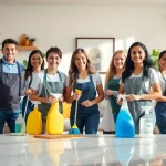 Team providing exceptional Cleaning service in a bright home with eco-friendly products.