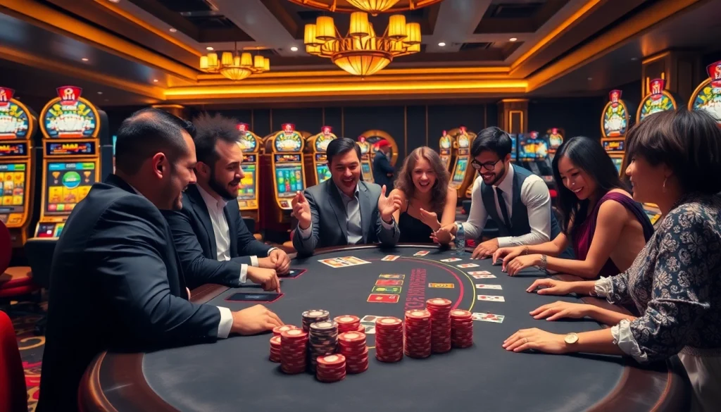 Engaged players enjoying blackjack at OK365 Trang chủ in a vibrant casino environment.