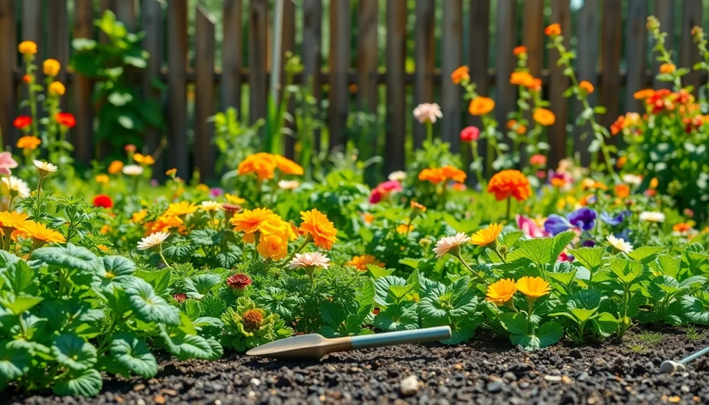 Gardening community space with colorful flowers and vegetables thriving in sunlight.