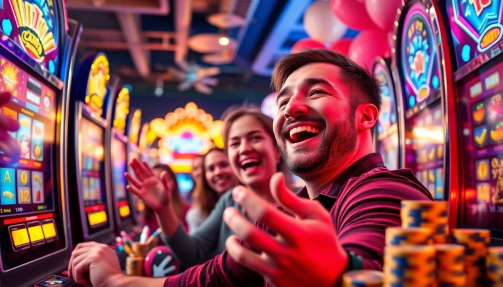 petanitoto menampilkan pemain slot yang merayakan kemenangan besar dengan suasana meriah di kasino.