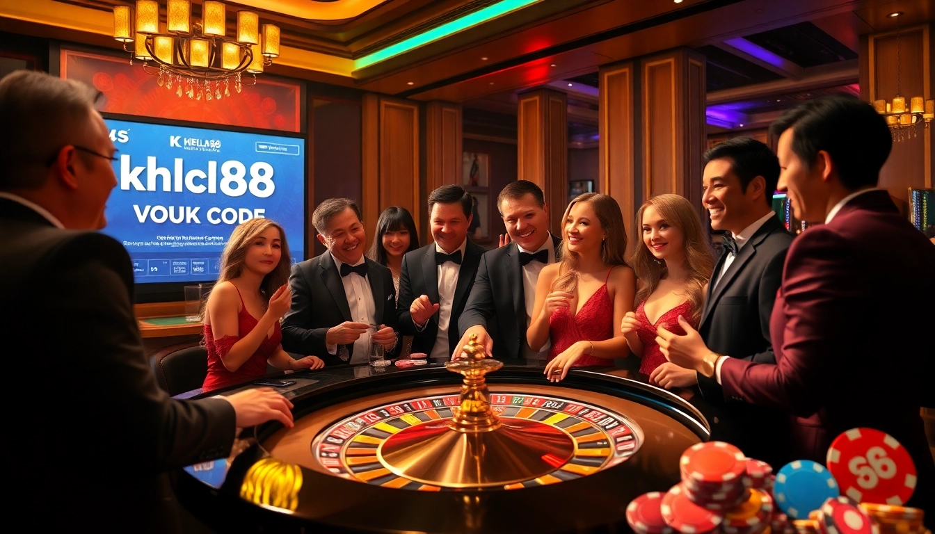 Exciting players engaging at a roulette table, showcasing the khela88 voucher code within a luxurious casino atmosphere.